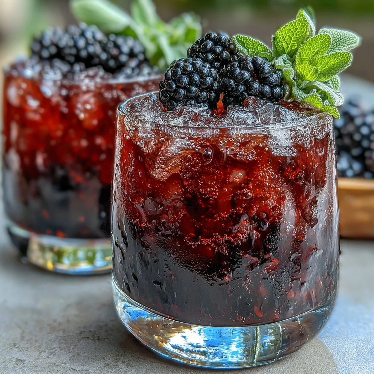 Crushed ice sparkles in glasses filled with this zesty Blackberry Sage Mocktail, garnished with fresh sage and juicy blackberries.