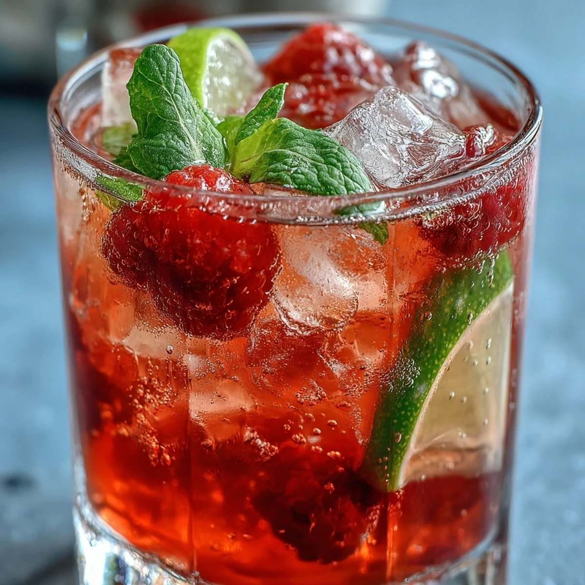 Sparkling Raspberry Lime Spritz with prosecco, vodka, and club soda served over ice with vibrant fruit garnish.