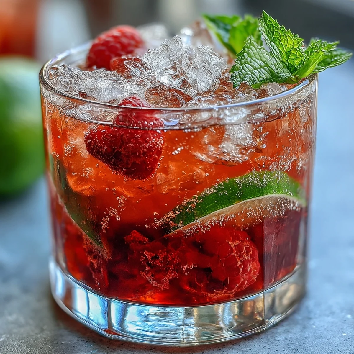 Refreshing Raspberry Lime Spritz mocktail featuring fresh berries, zesty lime, and mint in elegant stemware.