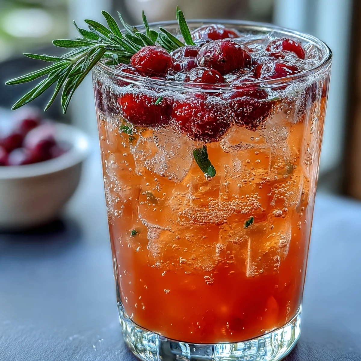Festive cranberry and orange mocktail with rosemary sprigs, sparkling water, and seasonal fruit garnish, perfect for holiday gatherings.
