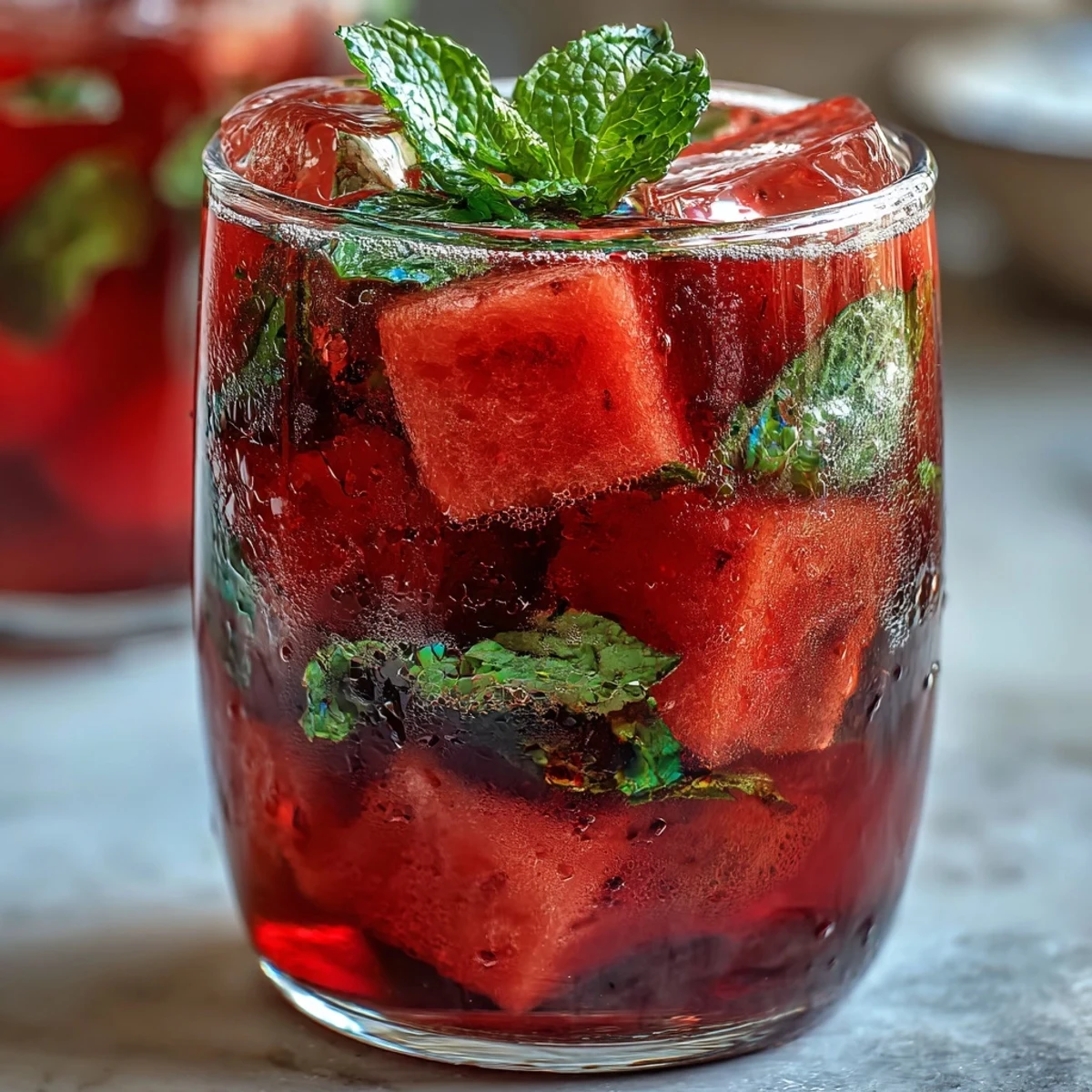 Vibrant glass pitcher filled with chilled watermelon and fresh mint-infused water, garnished with extra mint sprigs for a bright brunch table.