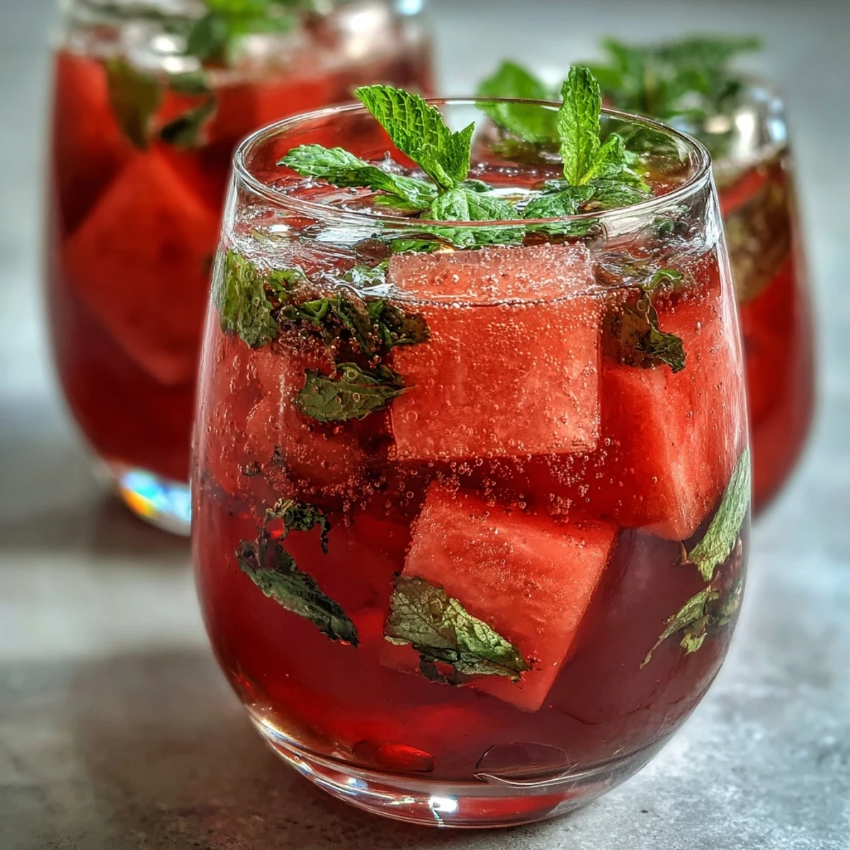 Hydrating watermelon mint water served over ice, showcasing ruby-red fruit and green mint for a naturally sweet, refreshing drink.