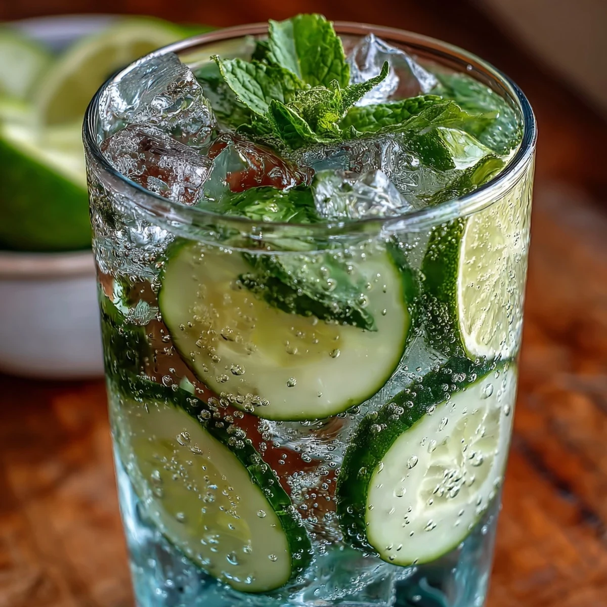 A tall glass filled with refreshing cucumber mint sparkling water, garnished with lime slices and fresh mint sprigs.