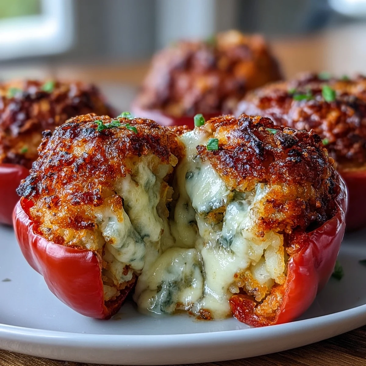 Creamy funeral potatoes stuffed inside vibrant bell peppers, topped with buttery cornflake crunch for a comforting vegetarian main dish.