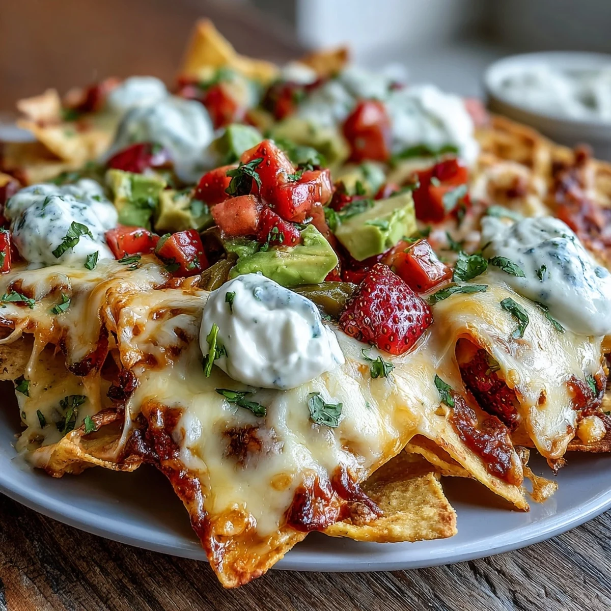 Festive Summer Party Nacho Board with Strawberry Salsa, loaded with melted cheese, black beans, and fresh avocado, perfect for sharing.