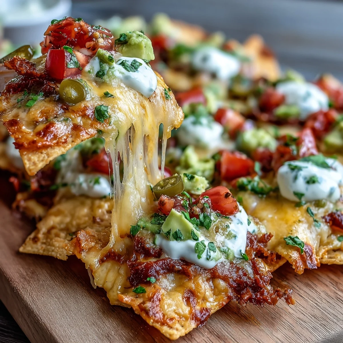Vibrant platter of crispy tortilla chips topped with cheddar, Monterey Jack, and zesty strawberry salsa, ideal for summer gatherings.