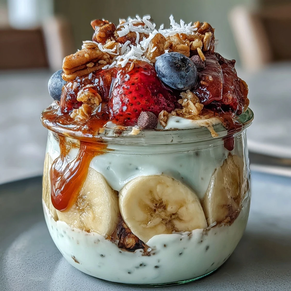 Fluffy Yogurt Banana Split Breakfast Jar layered with creamy yogurt, fresh berries, banana slices, and crunchy granola in a portable jar.