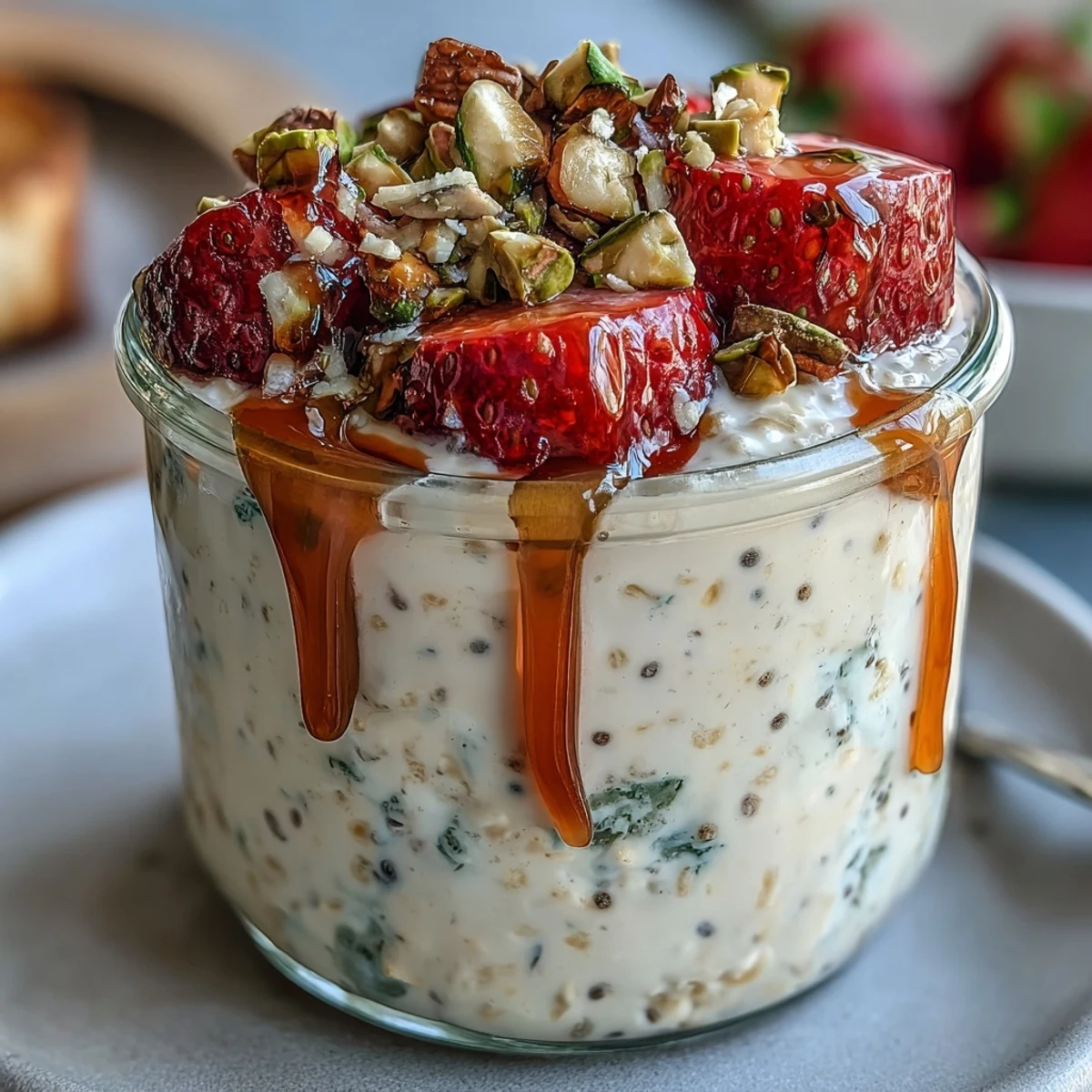 Creamy overnight oats with fresh strawberries, crunchy pistachios, and a drizzle of golden honey for a healthy, make-ahead breakfast.