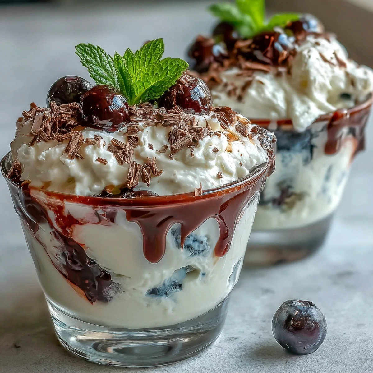 Fluffy Yogurt Berry Sundaes with Dark Chocolate Shavings served in clear glasses with layers of creamy yogurt and fresh berries