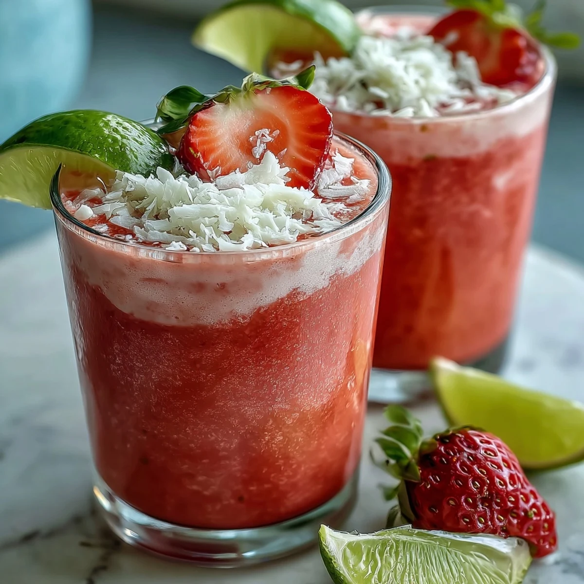 A vibrant strawberry coconut daiquiri smoothie in a tall glass, garnished with fresh strawberry slices and shredded coconut.  
