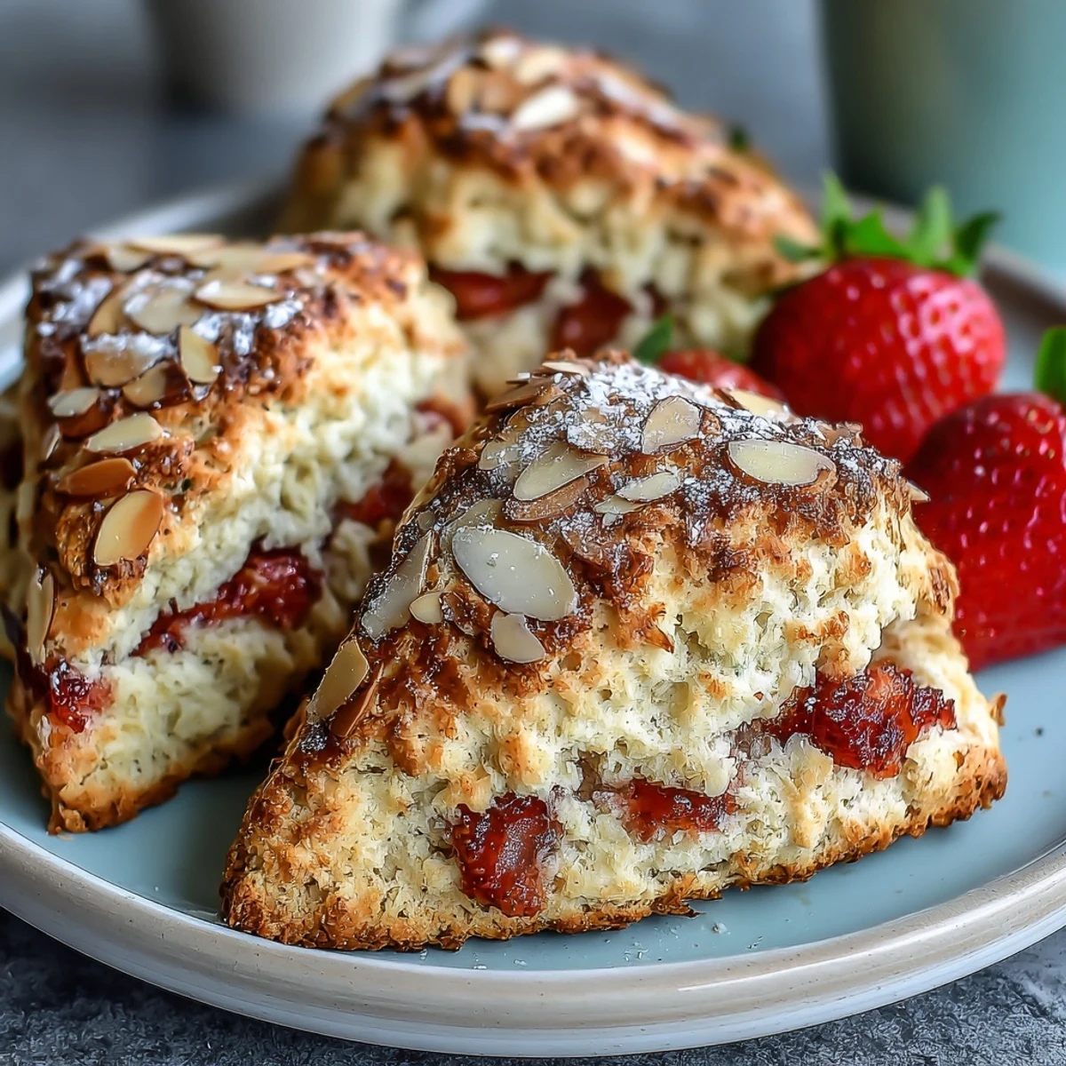 Golden brown butter scones filled with juicy strawberries and topped with crunchy almond slices, perfect for a cozy breakfast or elegant teatime treat.  