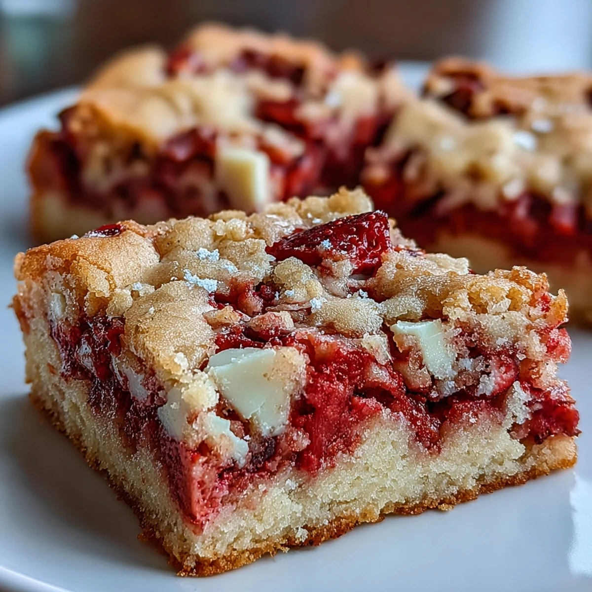 Soft, chewy strawberry cookie bars studded with white chocolate, great for picnics or family gatherings.