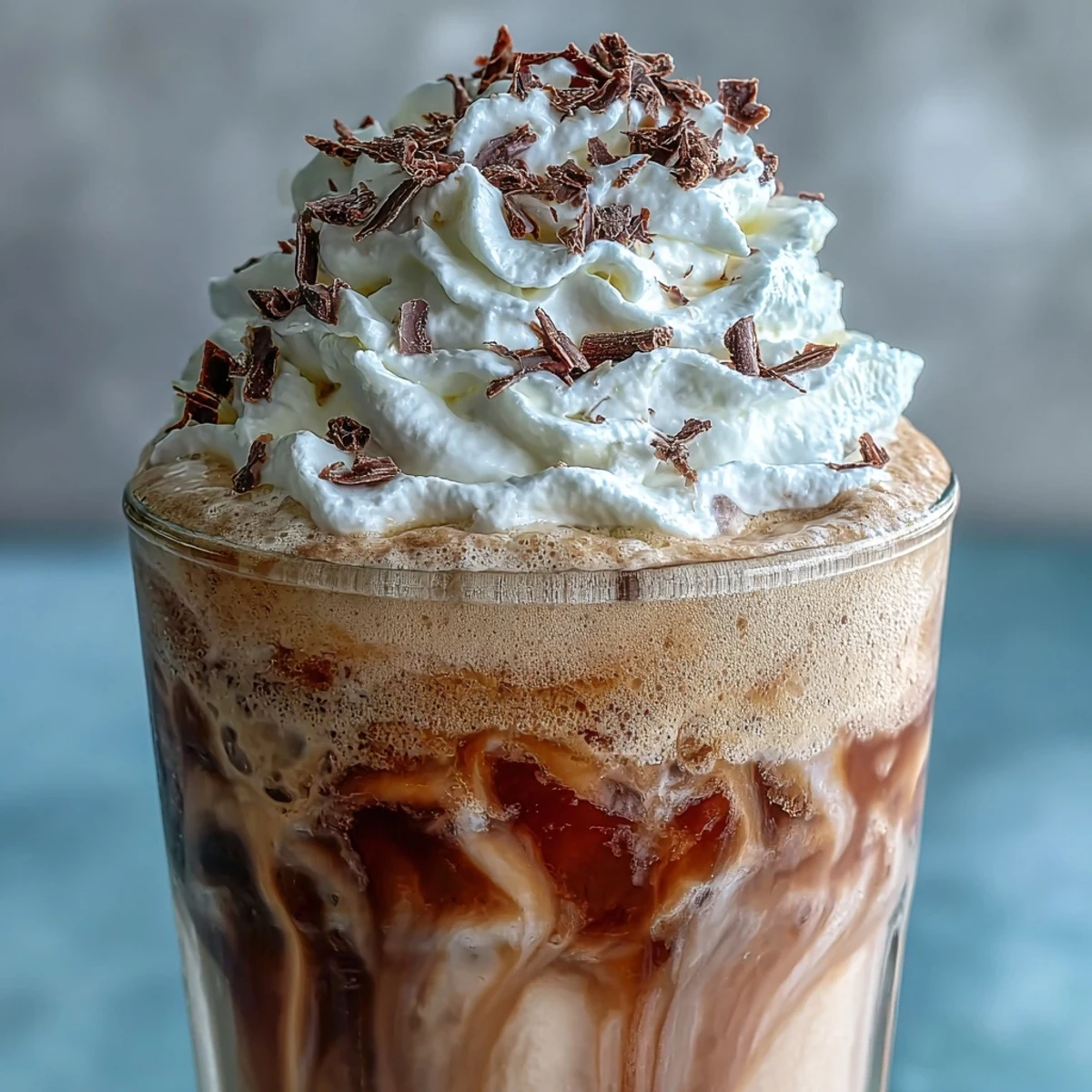 Two glasses of vanilla bean frappuccino with cold brew ice cubes, garnished with whipped cream and grated chocolate, served with reusable straws.