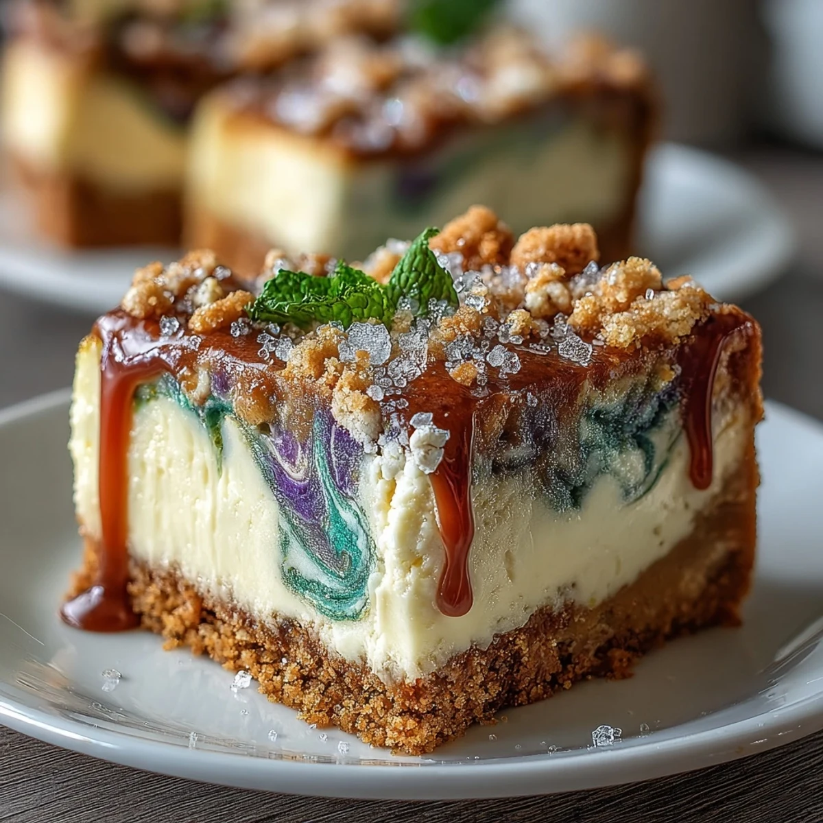 Creamy cheesecake swirled with festive Mardi Gras colors over a cinnamon-spiced crust, ideal for sharing at holiday gatherings.