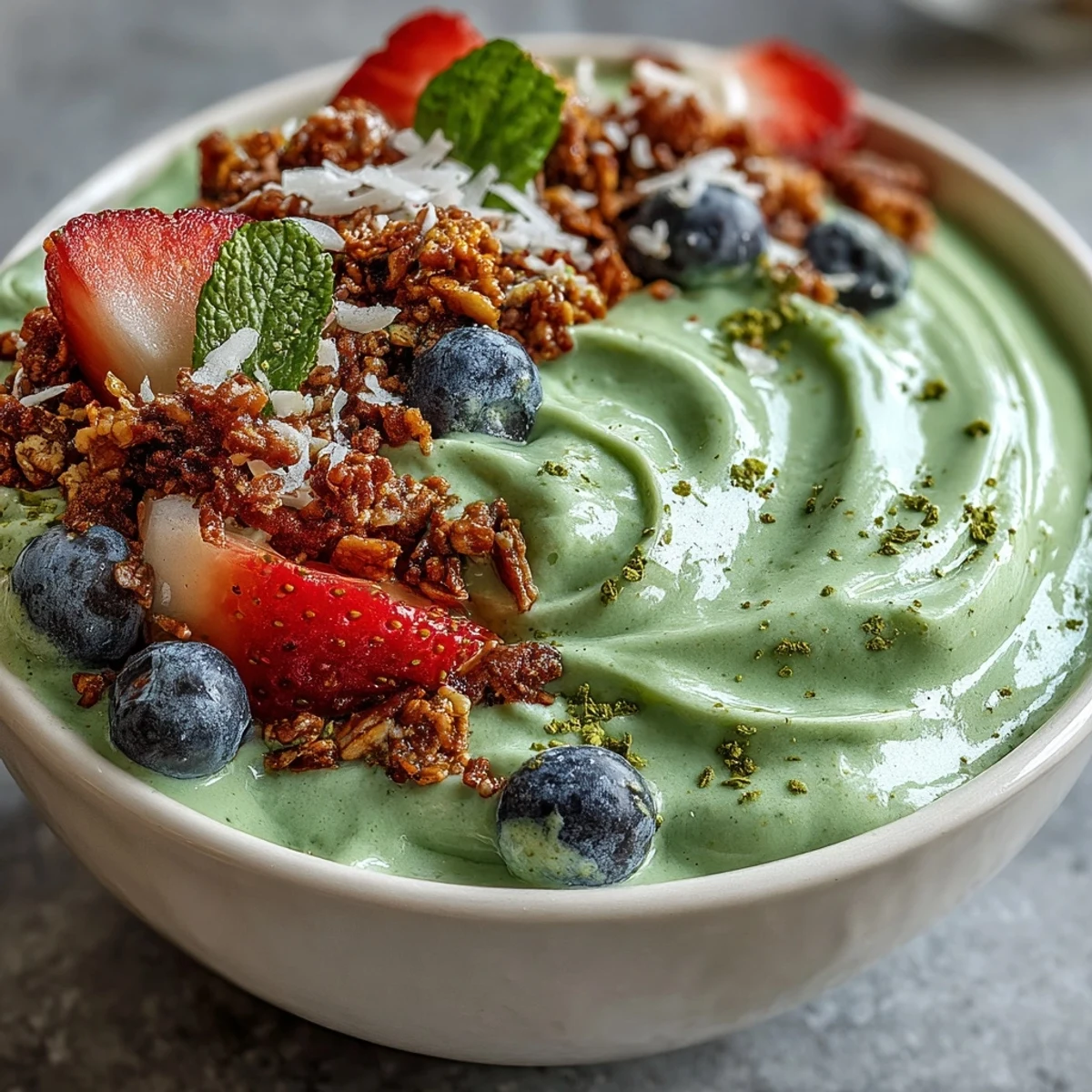 A vibrant green smoothie bowl made with matcha, yogurt, and banana, topped with fresh berries and crunchy granola.