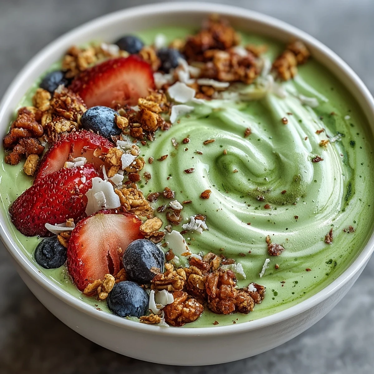 Creamy matcha yogurt smoothie base blended to fluffy perfection, adorned with colorful fruit and seeds for a nourishing breakfast.
