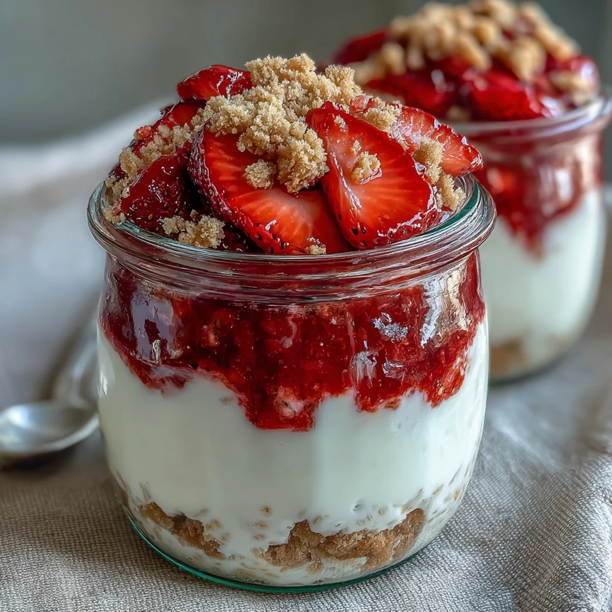 Creamy overnight oats with cottage cheese, strawberries, and chia seeds layered in jars for a healthy, cheesecake-inspired breakfast.