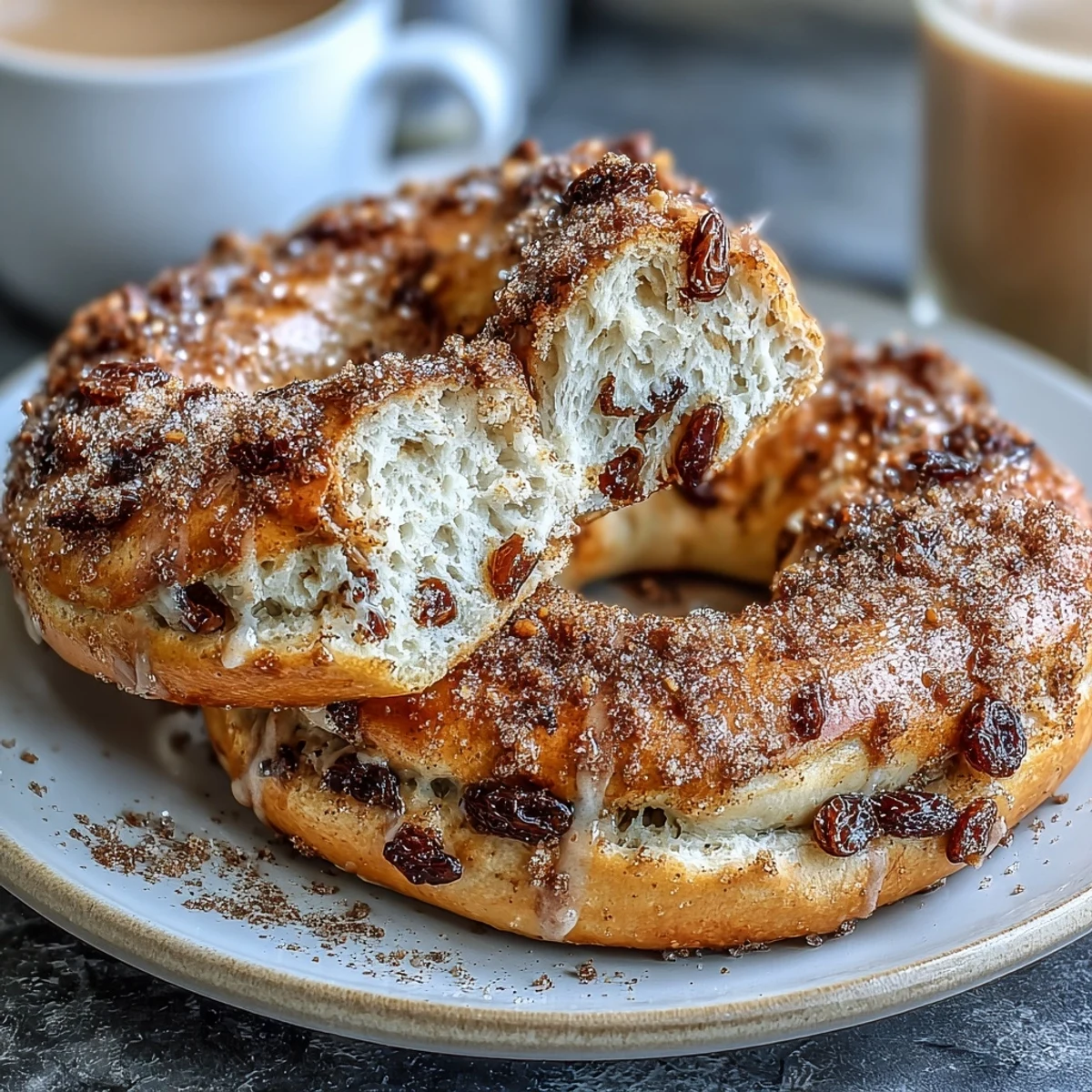 High-protein cinnamon raisin bagels with Greek yogurt, golden brown and chewy, topped with a sprinkle of cinnamon sugar.  