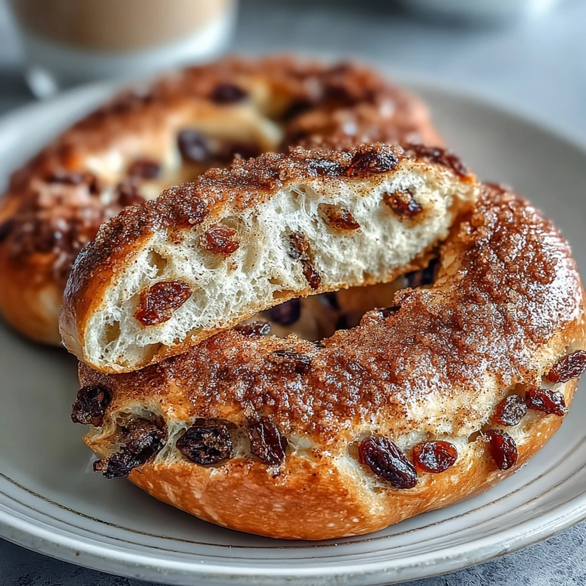 Warm, aromatic cinnamon raisin bagels made with Greek yogurt, soft and fluffy with plump raisins throughout.  