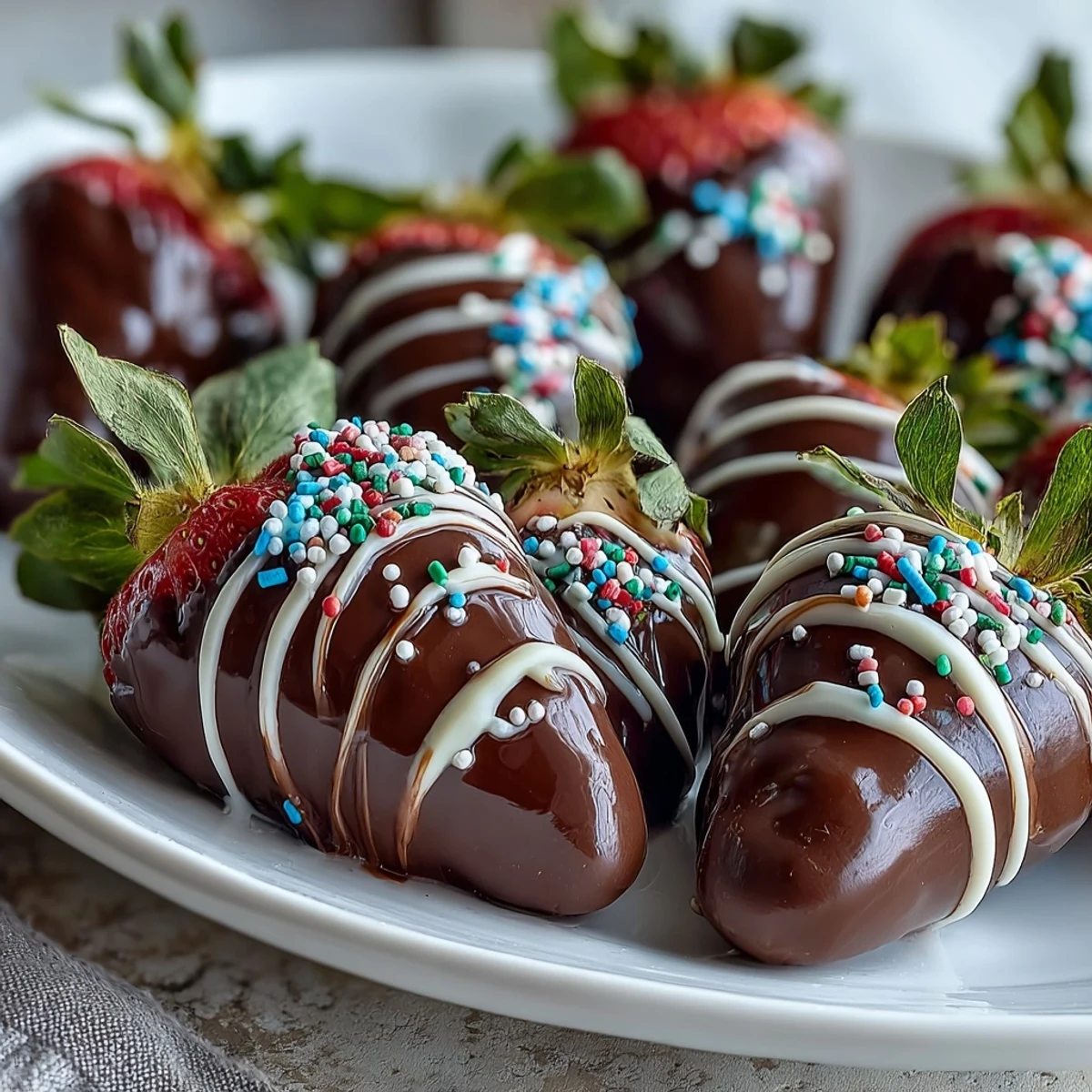 Elegant chocolate-covered strawberries decorated with vibrant sprinkles, perfect for Easter brunch or springtime celebrations.  