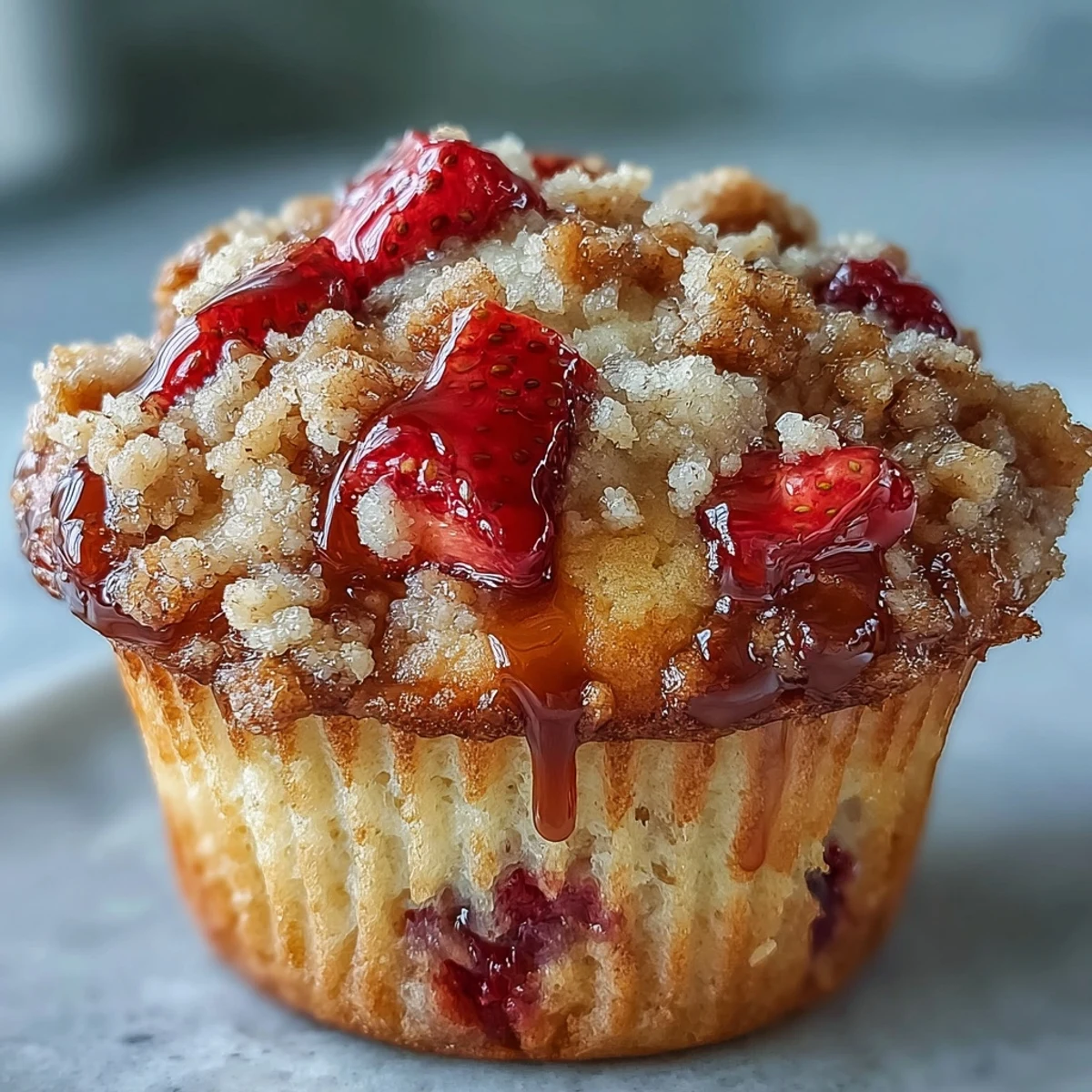 Fluffy muffins bursting with juicy strawberries, crowned with a sweet, golden crumble topping for irresistible texture.  