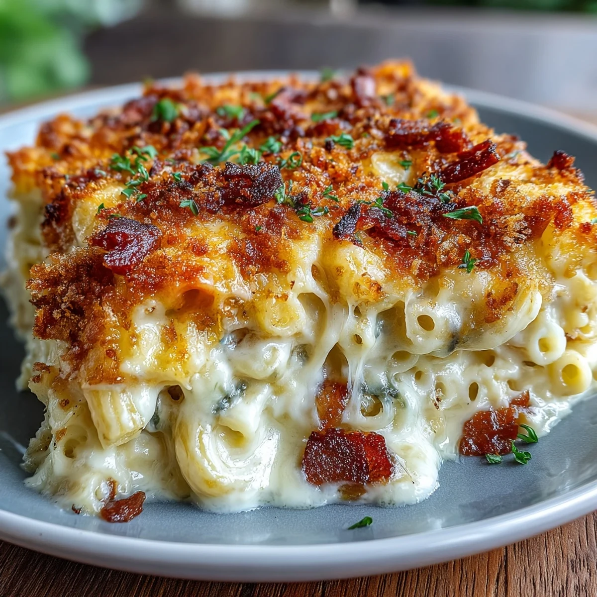Golden baked macaroni and cheese with crispy bacon crumb topping, creamy and savory comfort food perfect for family dinners.  