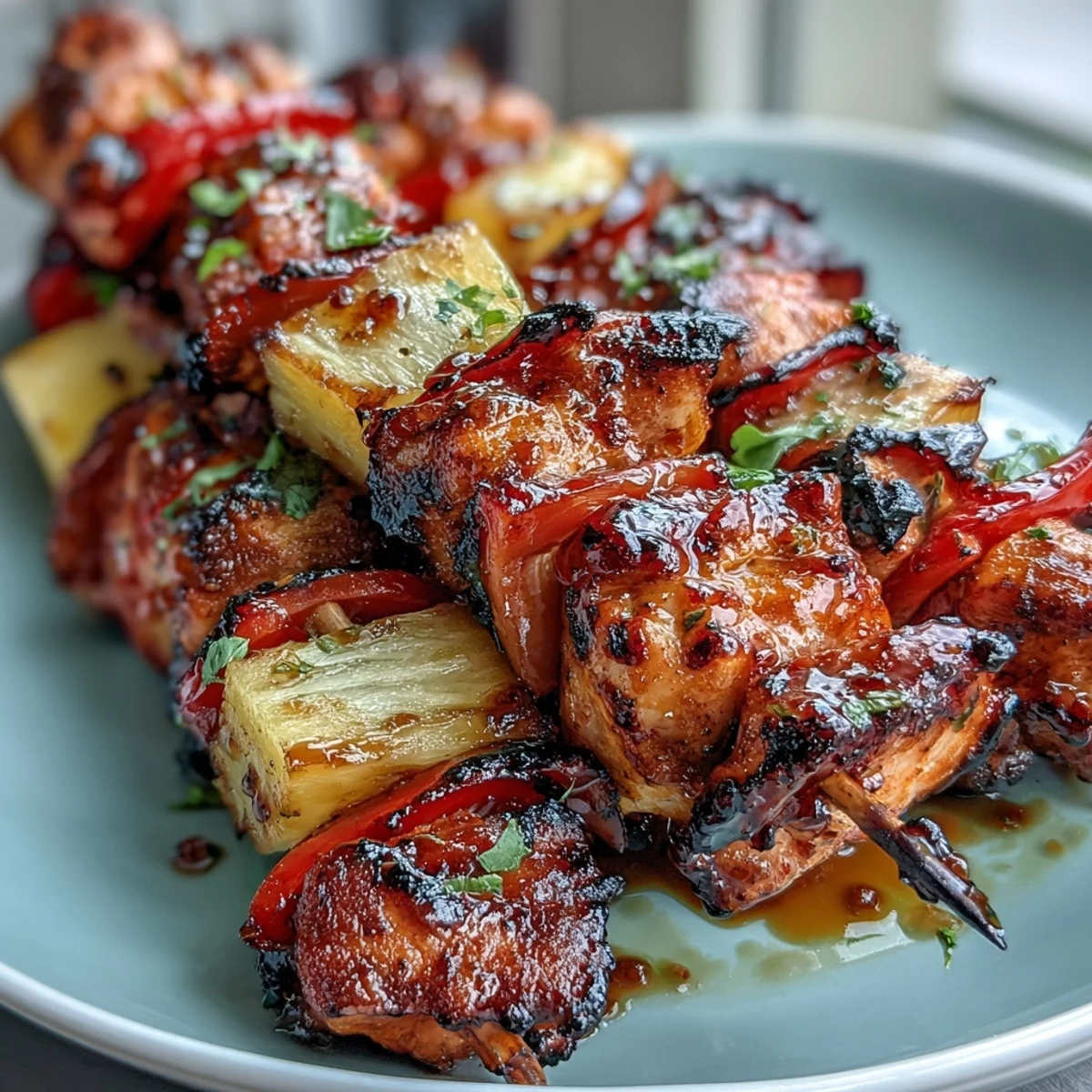 Colorful grilled chicken pineapple kabobs with bell peppers, juicy chicken and sweet fruit caramelized to perfection on the grill.