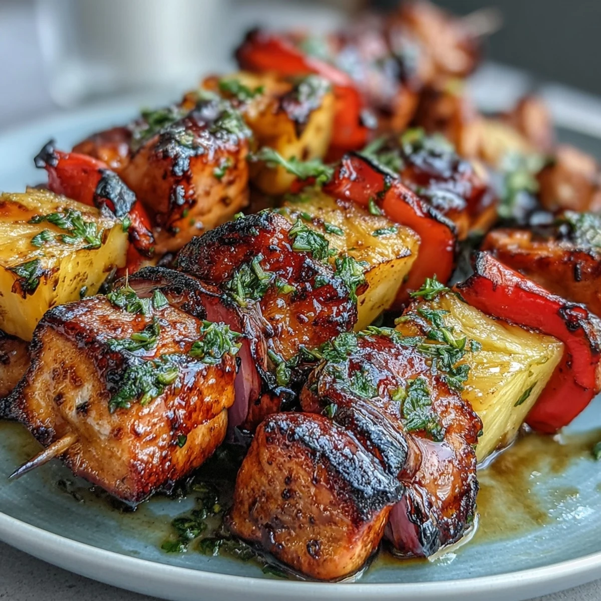 Marinated chicken skewers with pineapple and bell peppers, charred and smoky for a vibrant summer grilling recipe.