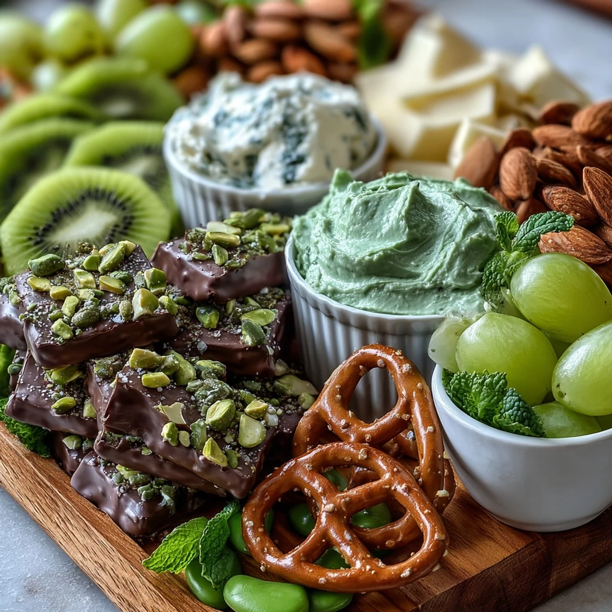 Celebrate St. Patrick's Day with a colorful snack platter featuring green grapes, kiwi, and minty sweets.  