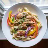 A steaming skillet of Fajita Chicken Pasta displays juicy chicken and vibrant vegetables, perfect for a cozy dinner.
