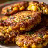 A plate of fritters de courge d'éte et maïs.