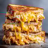 A stack of grilled cheese sandwiches with cheddar and kimchi.