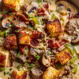 A bowl of soup with meat, mushrooms, and bread.
