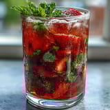 Refreshing strawberry mint mocktail pitcher filled with muddled berries, zesty citrus, and sparkling water for a festive non-alcoholic drink.