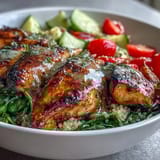 Juicy grilled chicken and fresh veggies served over quinoa, drizzled with bright lemon vinaigrette for a healthy bowl.