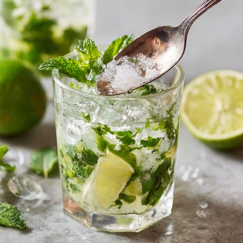 A glass of minty drink with a spoon in it.