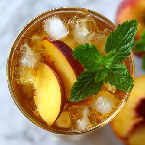 A glass of peach iced tea with a mint garnish.