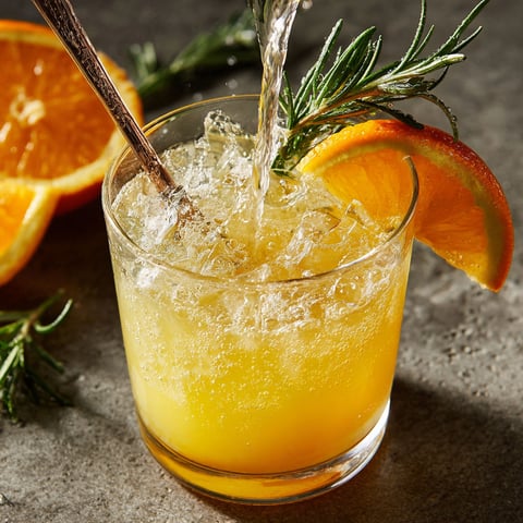 A glass of citrus rosemary spritzer with a wooden stick in it.