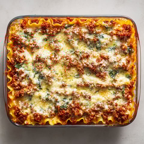A dish of lasagna with meat and cheese.