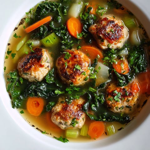 A bowl of hearty turkey meatball soup.