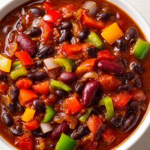 A bowl of chili with a variety of vegetables.