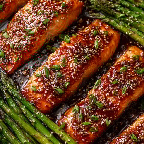 Spicy honey glazed salmon with asparagus.