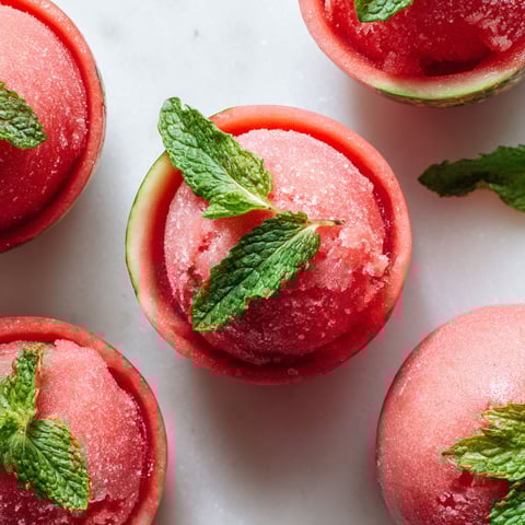 Mini watermelon sorbet bowls with mint leaves.