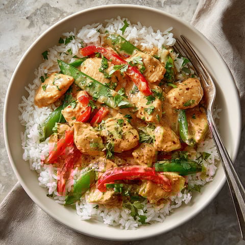 A bowl of rice with chicken and vegetables.