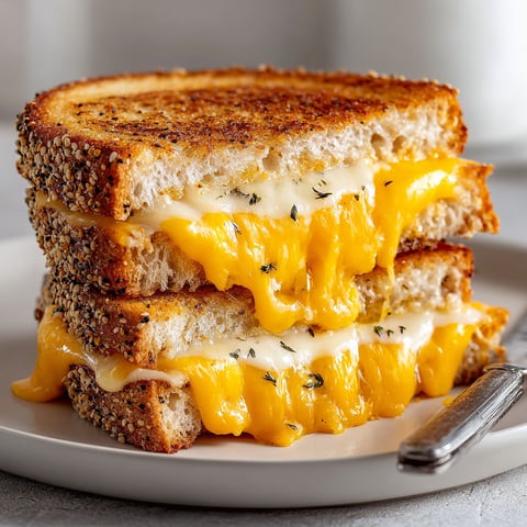 A grilled cheese sandwich with a knife on a plate.