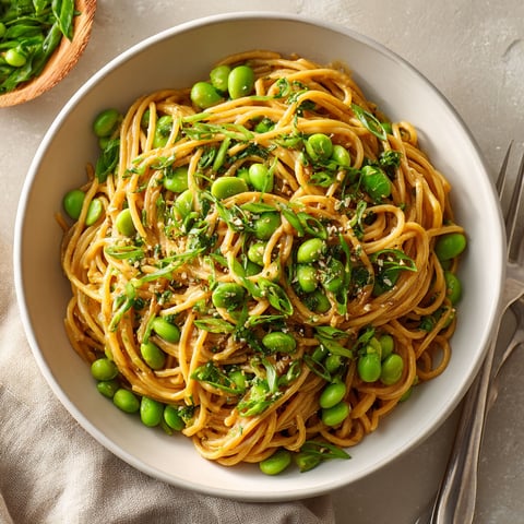 A bowl of noodles with peas and spinach.