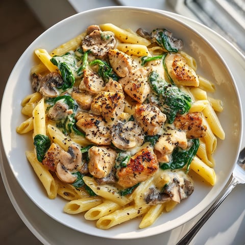 A plate of food with chicken, mushrooms, and pasta.