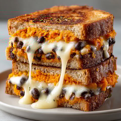 A grilled cheese sandwich with sweet potato and black bean filling.