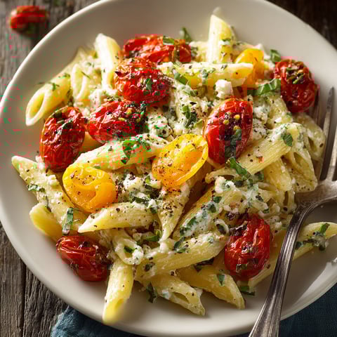 A bowl of pasta with tomatoes and cheese.