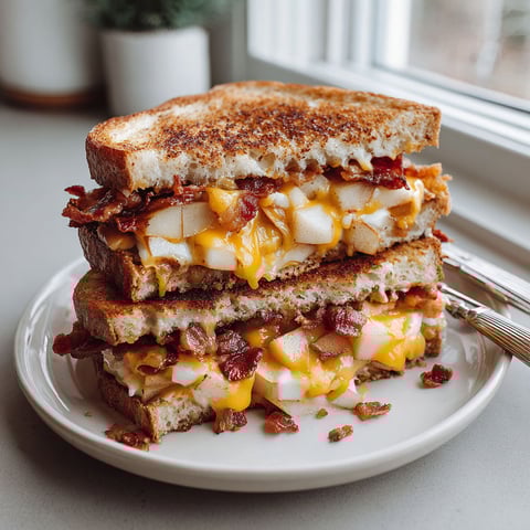 A sandwich with bacon and cheese on a white plate.